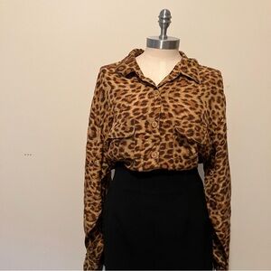 VTG 90s NOS Womens Silk Leopard Print Button Up Shirt Blouse Sz L Mob Wife